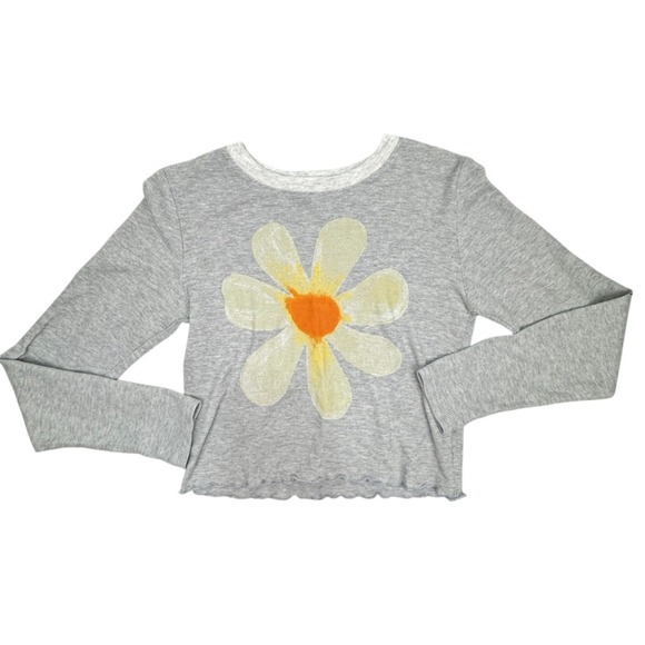 NATURAL LIFE Tops - Natural Life Thermal Top Womens Small Grey Daisy Graphic Lettuce Hem Long Sleeve